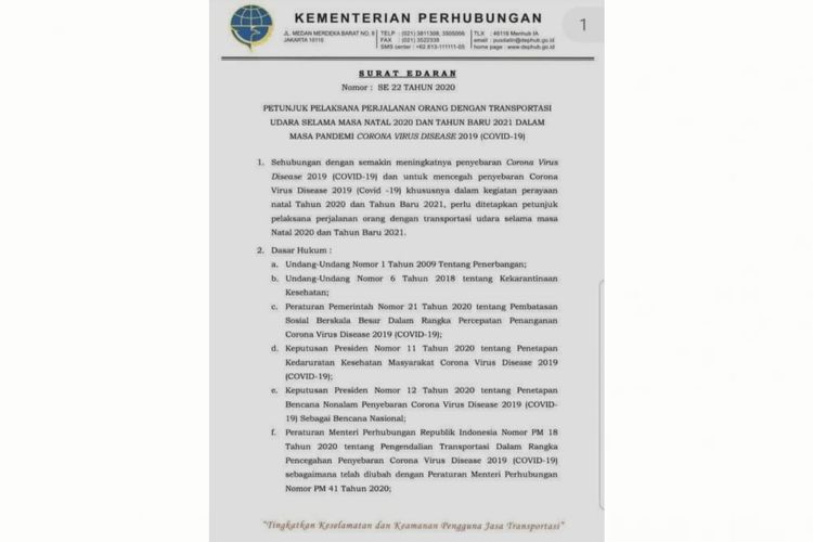 Unggahan surat edaran juklak perjalanan udara selama Nataru yang beredar di media sosial, tetapi dinyatakan tidak resmi oleh Kementerian Perhubungan.