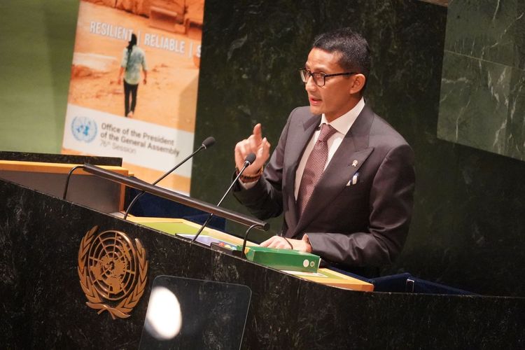  Menparekraf Sandiaga Uno memberikan sambutan di event 'High-level Thematic Debate on Tourism' yang digelar oleh United Nations General Assembly Hall, New York Amerika Serikat, Rabu (4/5/2022).