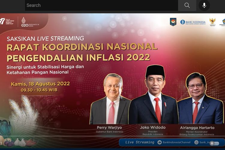 Tangkapan layar Rapat Koordinasi Nasional Pengendalian Inflasi 2022 di Istana Negara, Jakarta, Kamis (18/8/2022).