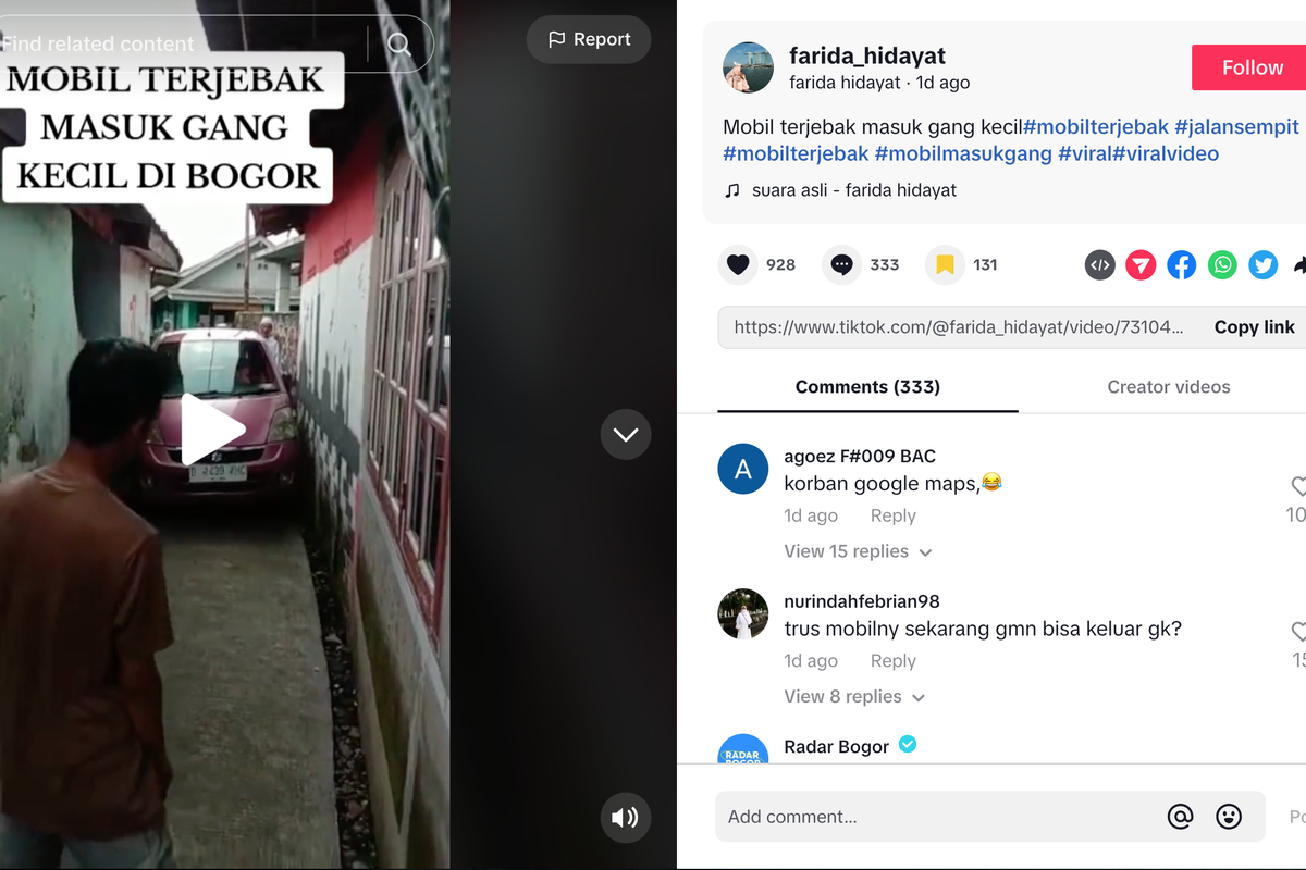 Mobil terjebak masuk gang kecil di Bogor