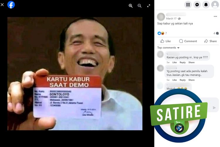 Tangkapan layar konten satire di sebuah akun Facebook, 17 Maret 2024, menampilkan Jokowi memegang Kartu Kabur Saat Demo.