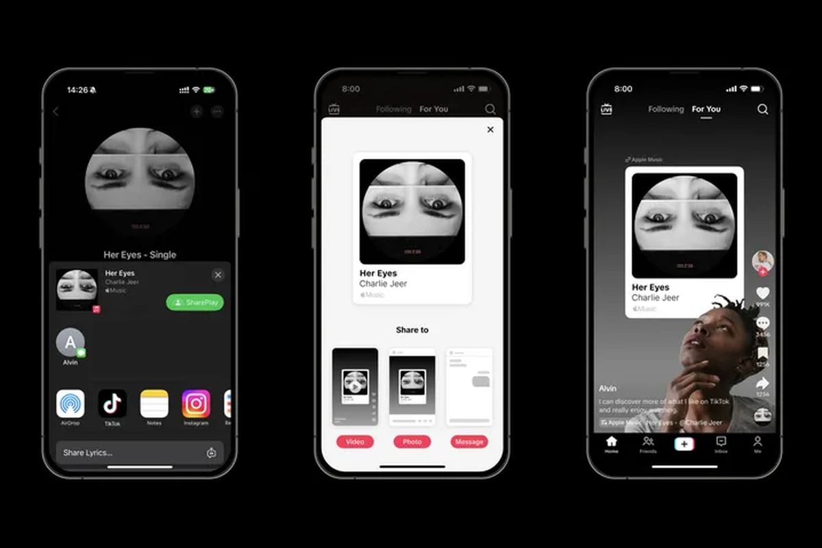 Fitur baru Share to TikTok di Apple Music. Penggemar musik membagikan musik, album, podcast, dll ke TikTok Feed (FYP atau Stories) dan pesan langsung (DM) TikTok. 
