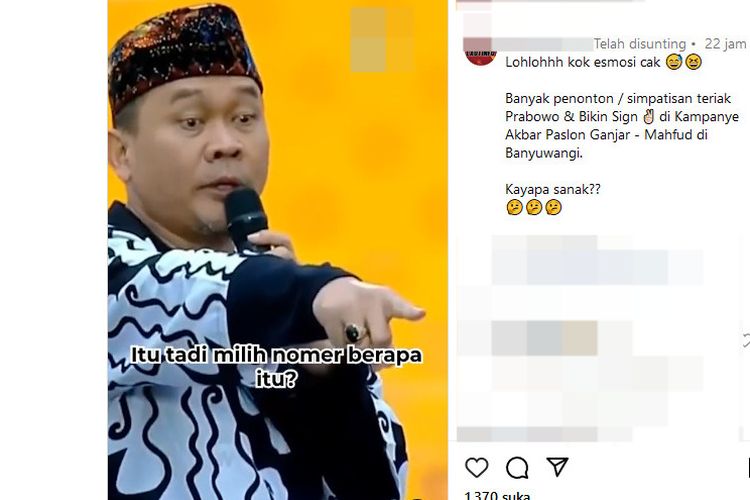 Tangkapan layar video menunjukkan artis Cak Lontong memarahi penonton saat kampanye akbar Ganjar Pranowo-Mahfud MD di Banyuwangi, Jawa Timur.