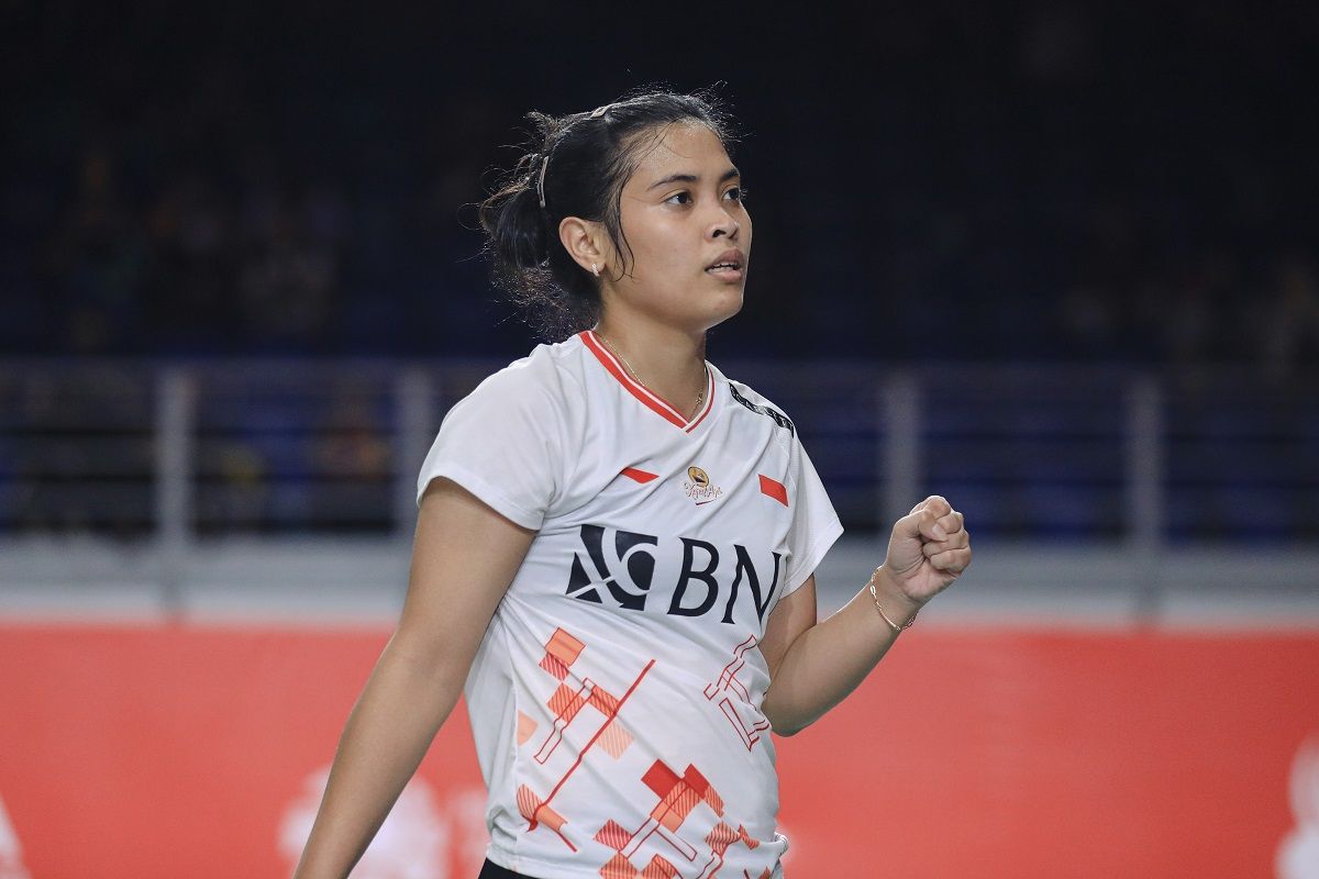 Tunggal putri Indonesia, Gregoria Mariska Tunjung, saat bertanding melawan wakil India, Pusarla V Sindhu, pada semifinal Malaysia Masters 2023 di Axiata Arena, Kuala Lumpur, Sabtu (27/5/2023).
