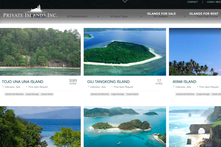 Tangkapan layar wes PrivateIslandOnline yang menampilkan pulau-pulau dari Indonesia