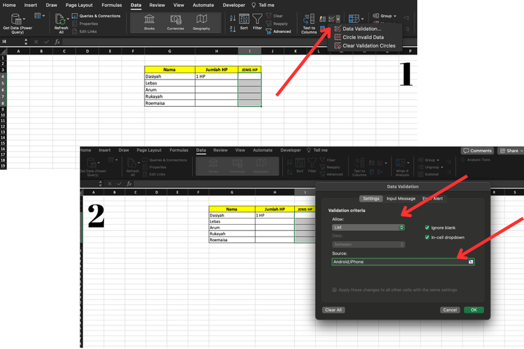 Ilustrasi cara bikin menu drop down list di Excel