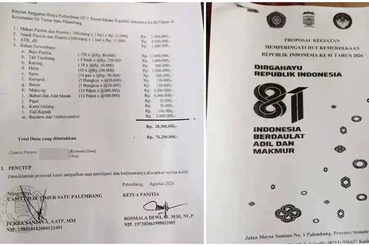 Selisih Anggaran Proposal HUT RI Palembang Disorot, dari Rp 38,3 Juta Jadi Rp 76,2 Juta