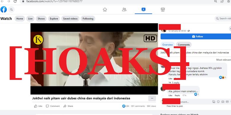 Tangkapan layar Facebook narasi yang menyebut bahwa Presiden Jokowi mengusir Dubes China dan Malaysia dari Indonesia