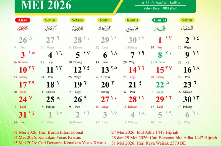 Kalender Mei 2026 Lengkap Tanggal Merah dan 3 Long Weekend