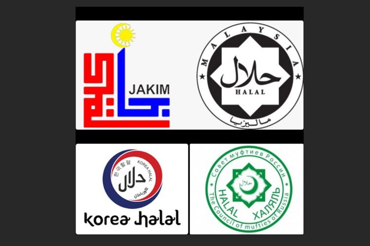 Logo Halal Malaysia (atas), logo Halal Korea (kiri bawah), dan logo Halal Rusia (kanan bawah).