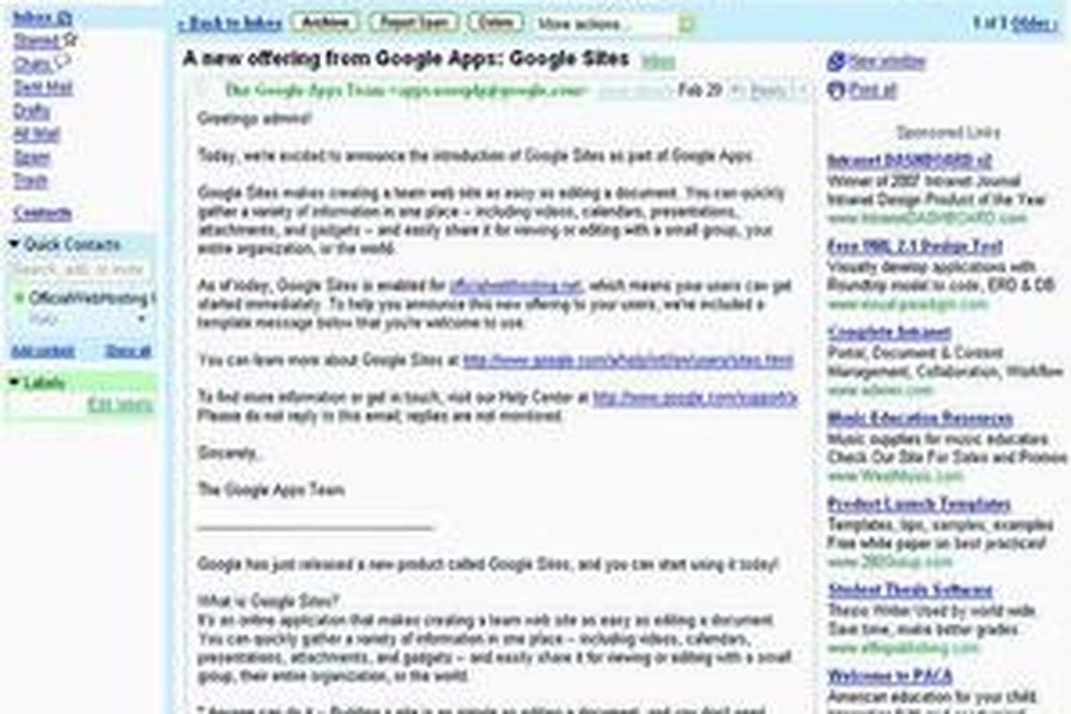 Contoh tampilan e-mail menggunakan hosting Google Apps.