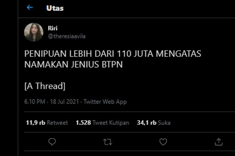 Tangkapan layar twit terkain diduga korban penipuan dari oknum yang mengatasnamakan Jenius.