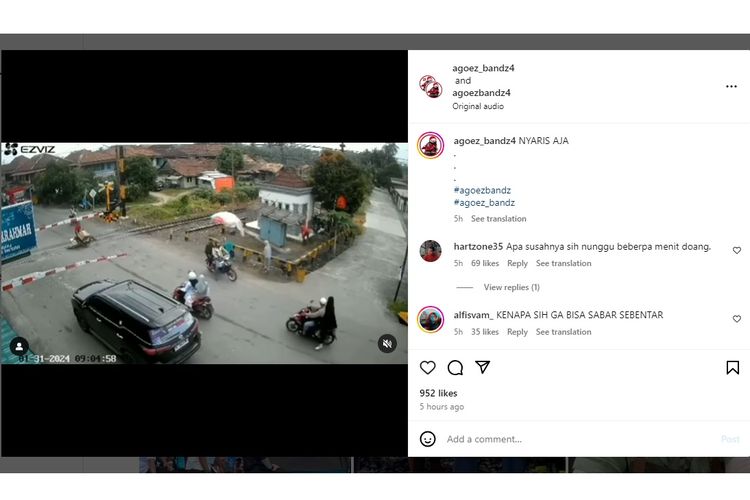 Video viral di media sosial memperlihatkan seorang pengendara motor yang nyaris tertabrak kereta api karena menerobos palang pelintasan kereta api.
