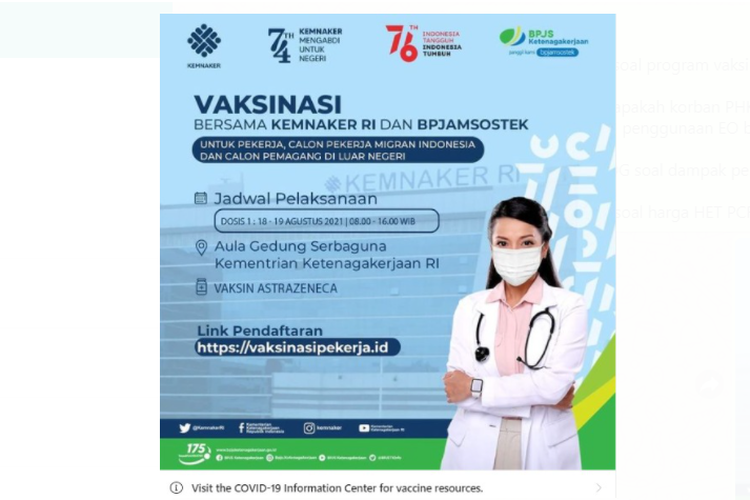 Tangkapan layar poster vaksinasi pekerja yang digelar oleh Kemnaker dan BPJS Ketenagakerjaan.