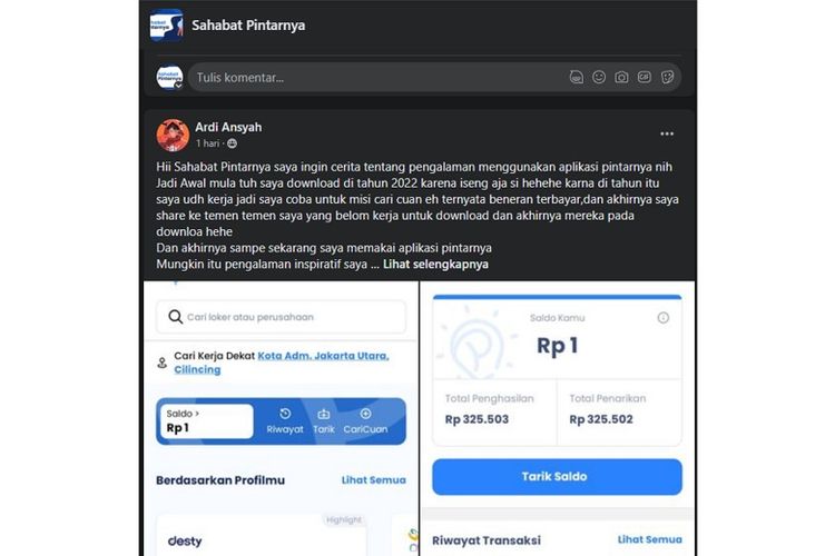 Unggahan Ardi Ansyah di Facebook yang menyatakan bila dirinya berhasil mendapatkan uang melalui platform Pintarnya.