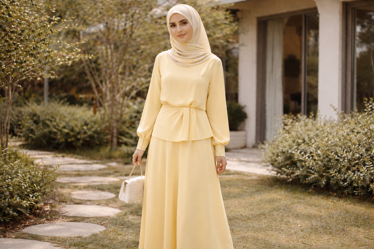 Set blouse dan rok lebaran warna butter yellow