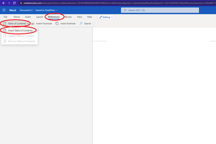 Cara membuat daftar isi di Microsoft Word berbasis web.