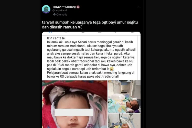 Seorang pengguna Facebook membagikan kisah pilu ketika bayinya yang baru berusia 54 hari meninggal setelah diminumi ramuan tradisional.