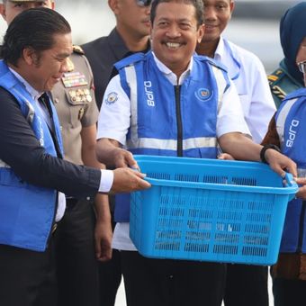 Wakil Presiden RI Ma'ruf Amin bersama Menteri Kelautan dan Perikanan Sakti Wahyu Trenggono melakukan panen udang vannamei di lokasi Budidaya Udang Berbasis Kawasan (BUBK) di Kebumen, Jawa Tengah, Senin (26/6/2023). 
