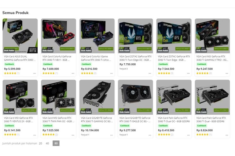 Daftar kartu grafis GeForce RTX 3060 di toko resmi Nvidia GeForce Indonesia di Tokopedia yang tampak sudah terjual habis.