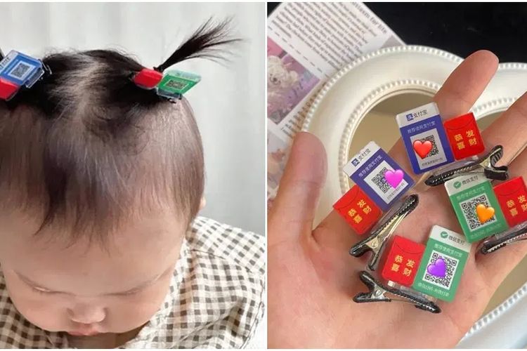 QR code yang dicetak di jepit rambut anak Vietnam untuk menerima angpau saat Tahun Baru Imlek 2024.