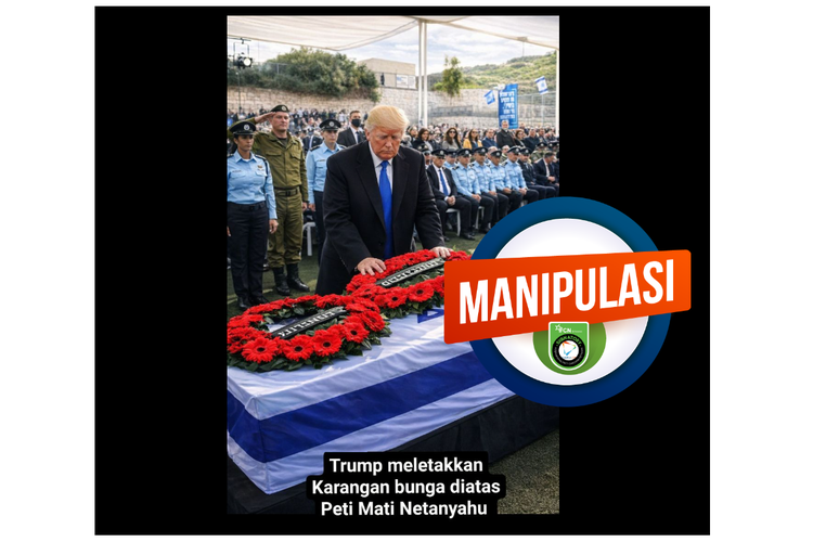 INFOGRAFIK: Konten AI, Foto Donald Trump Letakkan Karangan Bunga di Peti Mati Netanyahu