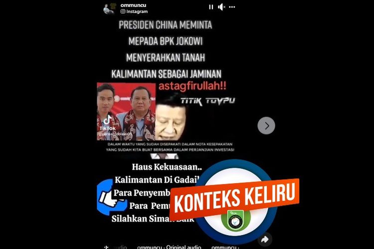 Tangkapan layar Facebook narasi yang menyebut Xi Jinping meminta tanah di Kalimantan kepada Jokowi sebagai jaminan utang