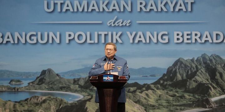 Ketua Umum Partai Demokrat Susilo Bambang Yudhoyono saat menyampaikan pidato politik memperingati 17 Tahun Partai Demokrat di Djakarta Theater, Jakarta, Senin (17/9/2018).