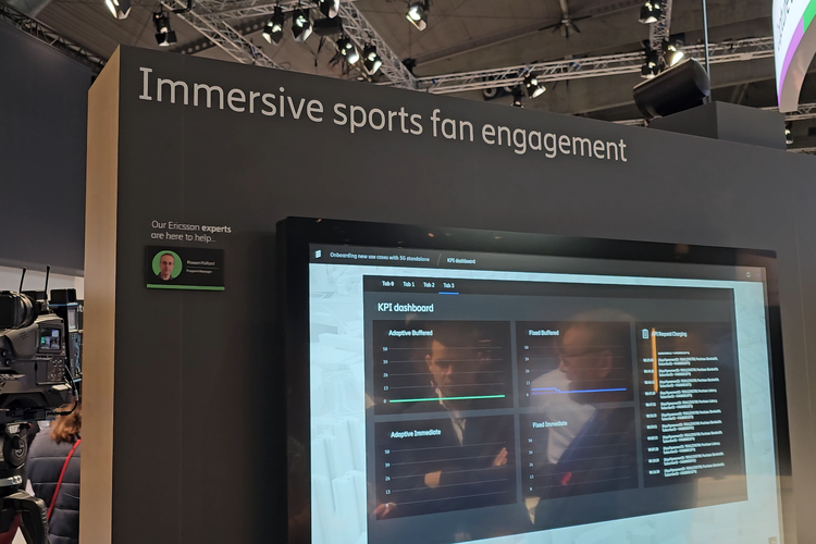 Ilustrasi area demo Immersive Sports fan engagement by Startup 5G di booth Ericsson di MWC 2024 Barcelona.