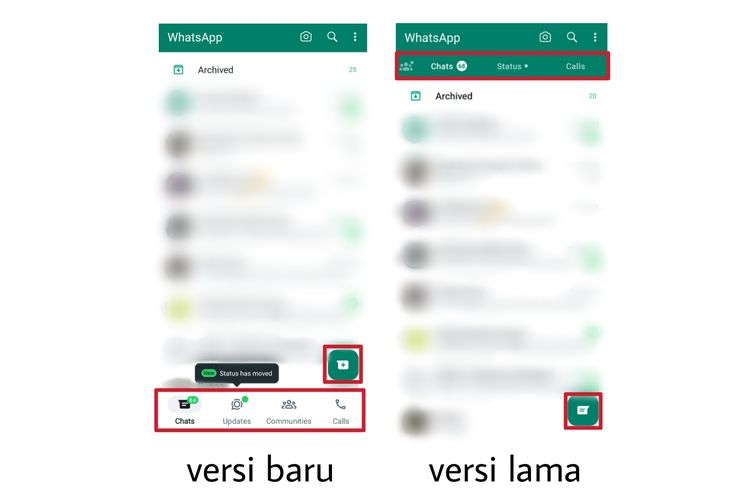Perbandingan tampilan baru WhatsApp (kiri) dan tampilan lawas WhatsApp (kanan) di mode terang.
