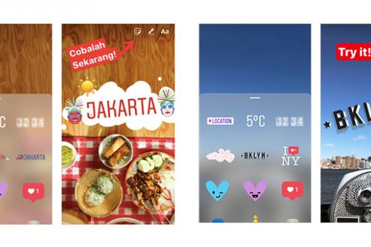 Tampilan Geolocation Stickers perdana untuk kota Jakarta dan New York di Instagram Stories.