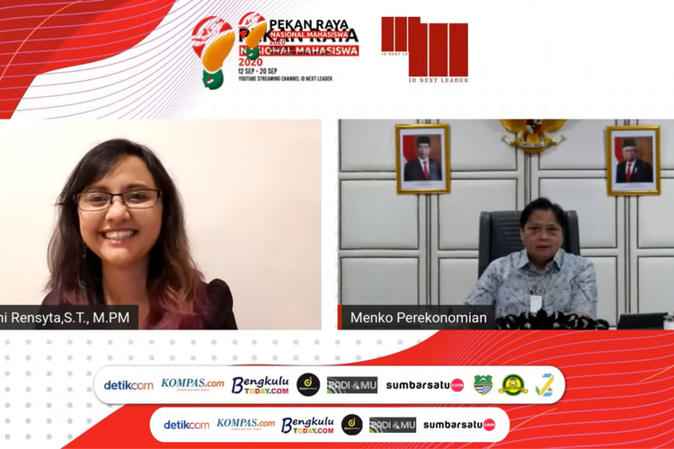 Ardirani Rensyta (kiri) bersama Menteri Koordinator Perekonomian Republik Indonesia Airlangga Hartarto (kanan) dalam pembukaan webinar Pekan Raya Nasional Mahasiswa 2020 pada Minggu (13/9/2020) di akun YouTube ID Next Project.
