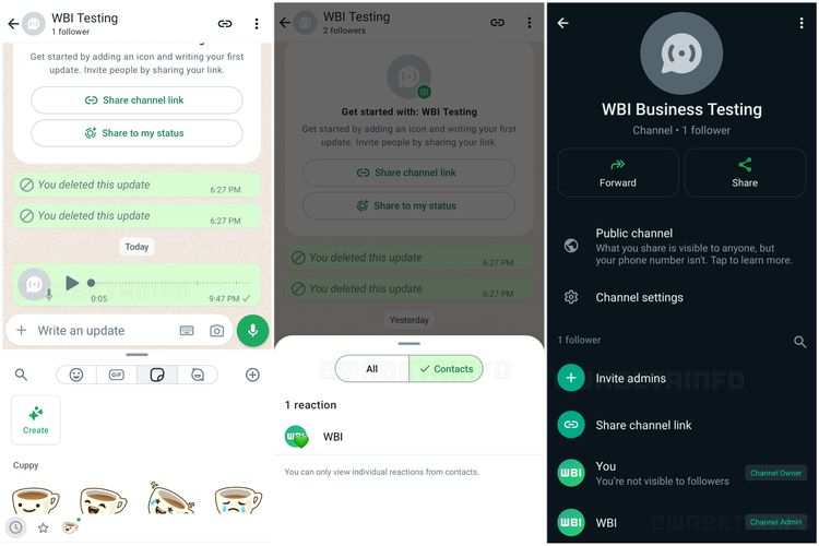 Ilustrasi fitur baru di WhatsApp Channel mencakup fitur kirim stiker dan pesan suara (kiri), reaction filtering (tengah), dan fitur tambah admin (kanan).
