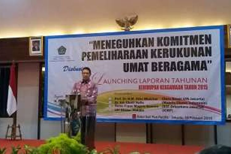 Menteri Agama Lukman Hakim Saifuddin dalam acara peluncuran survei nasional Kerukunan Umat Beragama 2015 di Hotel Sari Pan Pacific, Jakarta Pusat, Rabu (10/2/2016)