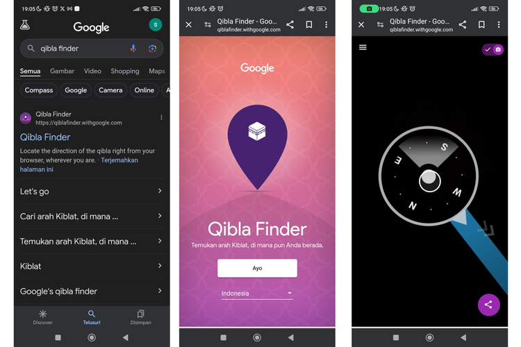 Ilustrasi pakai Qibla Finder