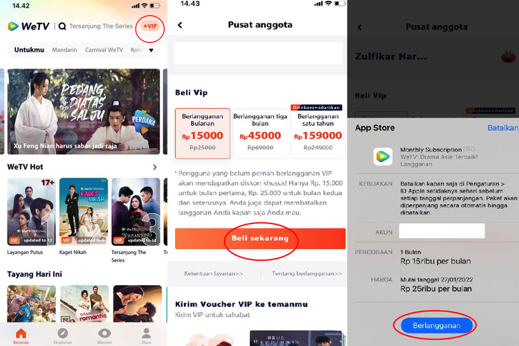 Ilustrasi cara langganan akun VIP WeTV di iPhone