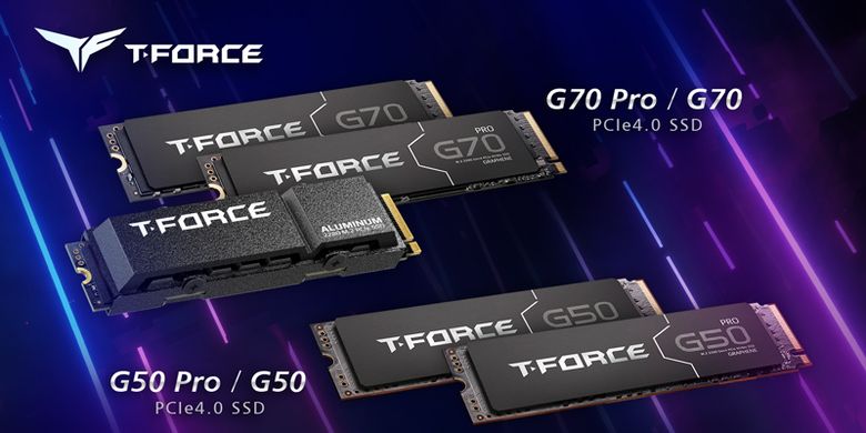 Rangkaian empat SSD M.2 NVMe T-Force G70, G70 Pro, G50, dan G50 Pro dari TeamGroup.