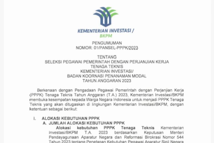 Tangkapan layar pengumuman pendaftaran PPPK Kementerian Investasi 2023.