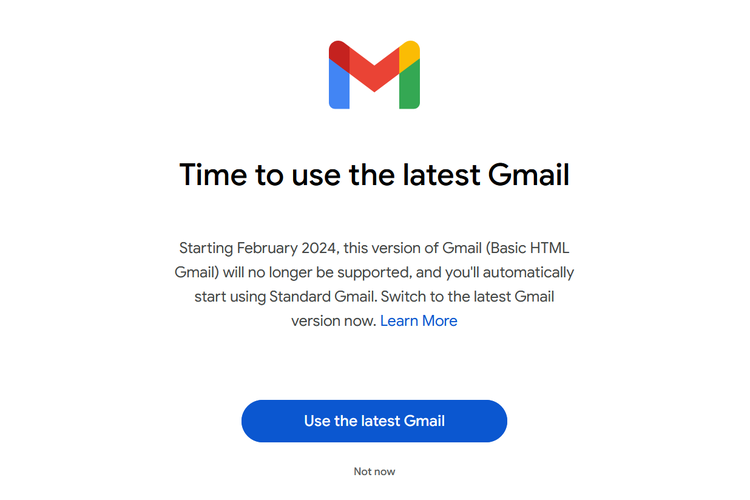 Pemberitahuan penutupan tampilan HTML Gmail mulai Februari 2024.