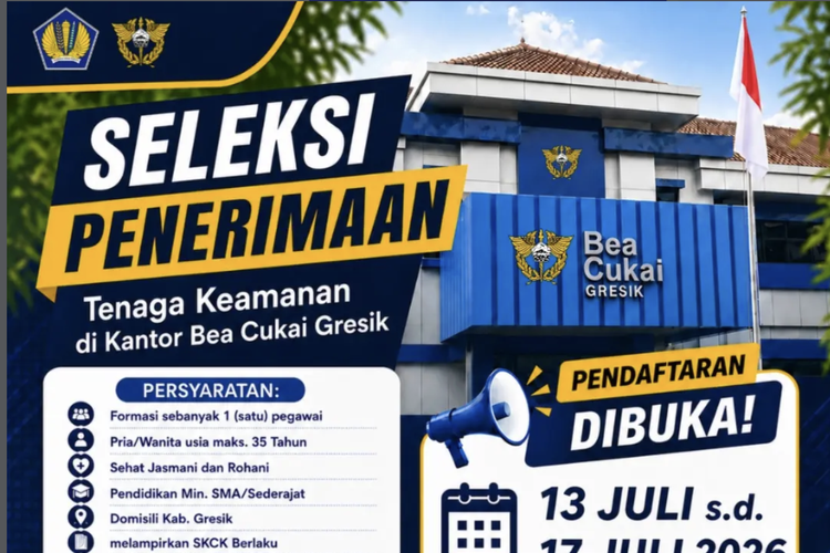 Lowongan Kerja Bea Cukai Gresik 2026 Dibuka, Lulusan SMA Bisa Daftar