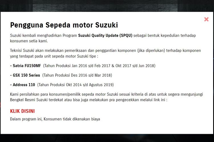 Suzuki masih menunggu konsumen Satria FU150, GSX 150 Series, dan Address yang masuk dalam kategori recall untuk melakukan penggantian komponen.