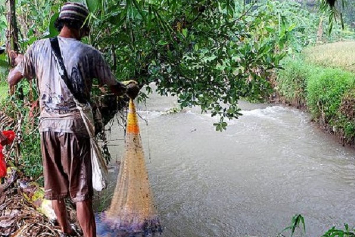 Warga bersiap menjala ikan di Kali Sunter di kawasan Jatiranggon, Bekasi, Jawa Barat, Selasa (28/3). Bagian kali itu merupakan badan kali baru yang mengalir ke wilayah Jakarta Timur dan bermuara di Lagoa, Jakarta Utara. Badan kali yang lama tertimbun longsoran. 