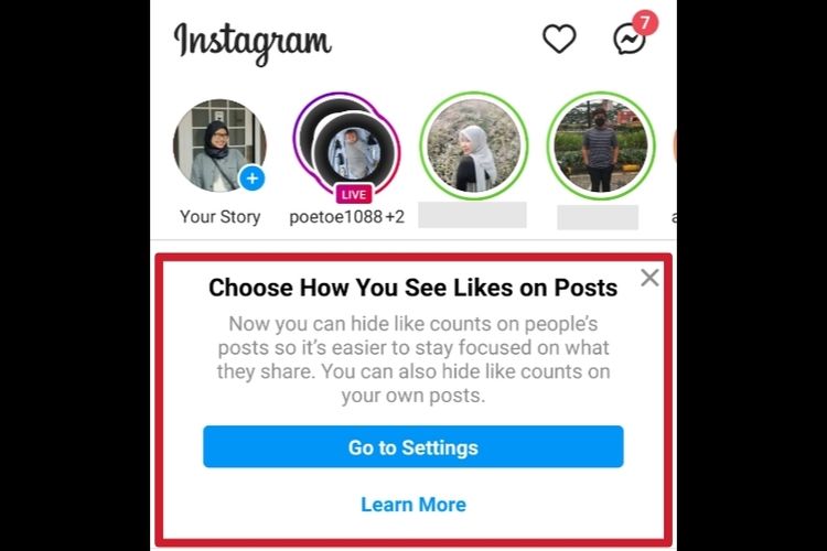 Banner notifikasi fitur baru Instagram, yang bisa sembunyikan hitungan likes.