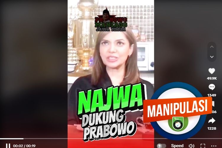 Tangkapan layar TikTok narasi yang menyebut Najwa Shihab mendukung Prabowo Subianto