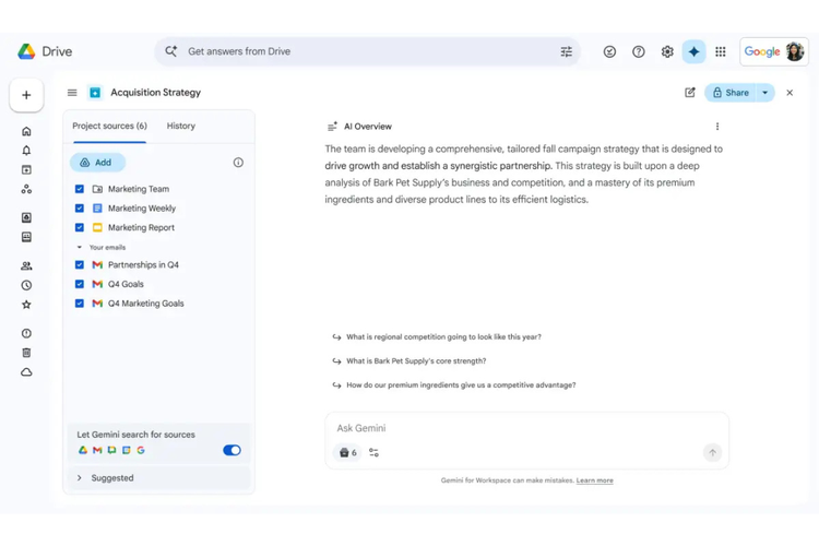 Fitur Projects di Google Drive memungkinkan pengguna mengelompokkan file dan email dalam satu ruang kerja terpusat. 