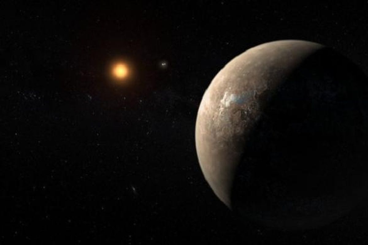 Ilustrasi planet Proxima b bersama bintangnya, Proxima Centauri.