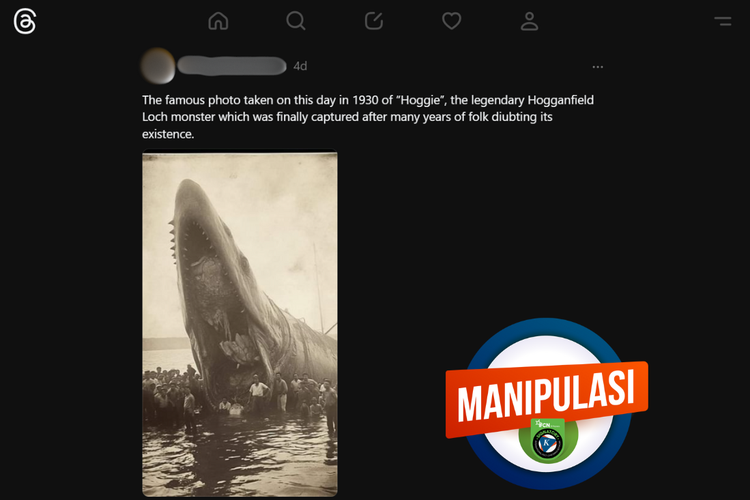 Tangkapan layar konten manipulasi di sebuah akun Threads, Jumat (3/5/2024), mengenai foto ikan raksasa di Danau Hogganfield, Glasgow, Inggris pada 1930.