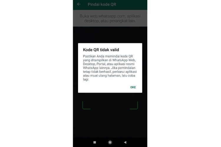 Ilustrasi masalah tidak bisa memindai kode QR WhatsApp Web dengan muncul tulisan Kode QR tidak valid karena pengguna ingin login WhatsApp Web tetapi yang dipindai adalah kode QR profil akun.