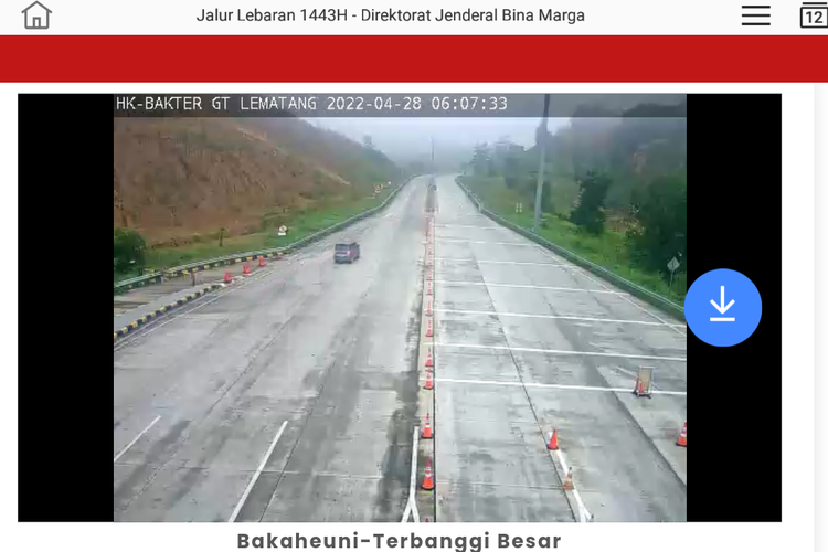 Tampilan kondisi terkini lalu lintas di Gerbang Tol Lematang, ruas tol Bakaheuni-Terbanggi Besar, di Jalan Tol Trans Sumatera di situs Bina Marga
