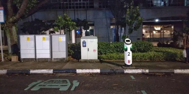 Electric chargers at 21 Merbau Road, Singapore. Photo taken on August 2, 2022.